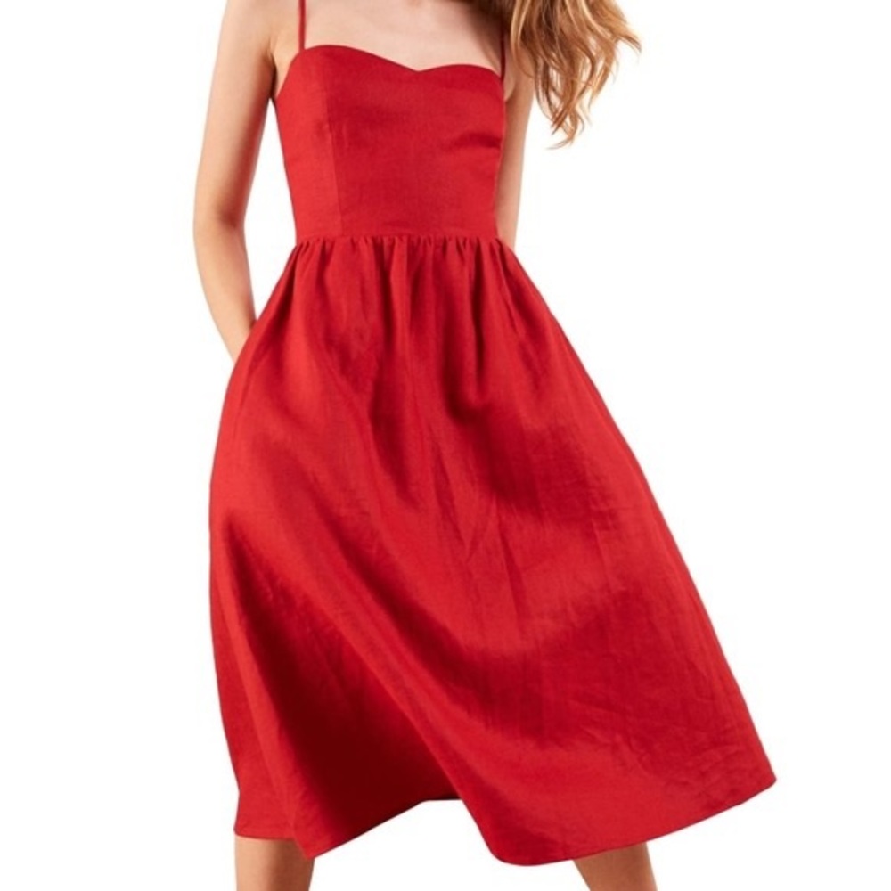 NEW with Tags Reformation Red Olivia MIDI Linen Dress - Picture 3 of 10
